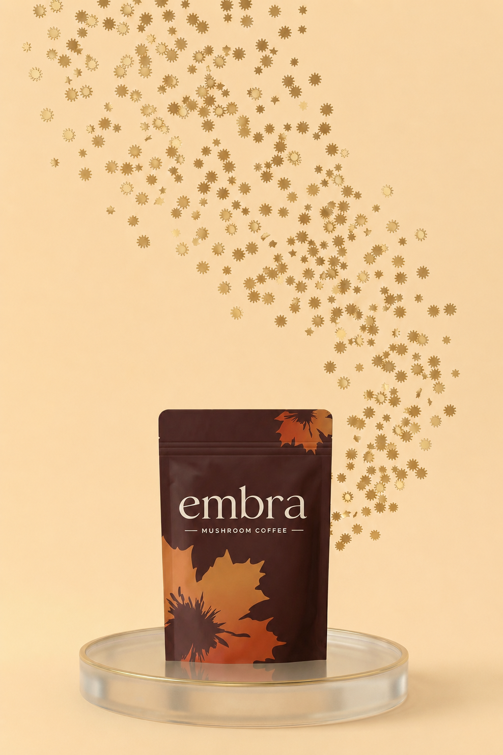 Embra Mushroom Coffee, organic mushroom coffee drink mix pouch with golden sun motifs